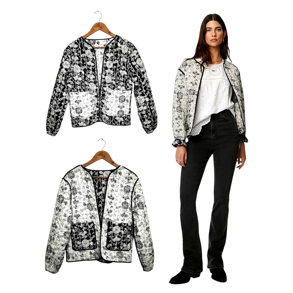 Tulip creations Quilted Reversible Bomber floral Jacket Black & white size M